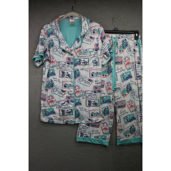 Munki Munki Pajama Set Postcards-Size Medium-Drawstring-Pockets-Capri - Picture 1 of 16